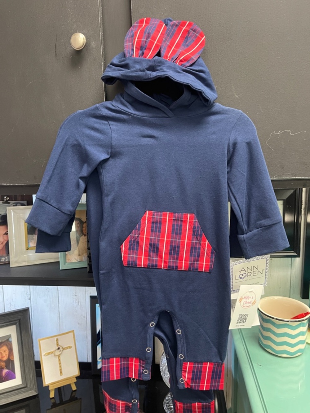 Ann Loren Navy Blue One-Piece Bodysuit with Red Plaid Accents